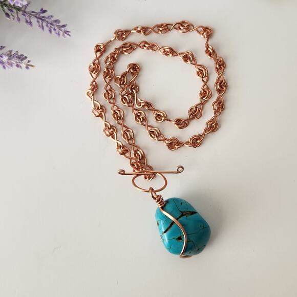 Copper Wire Wrapped Turquoise Wagnerite Nugget Pendant Necklace - Picture 2 of 7